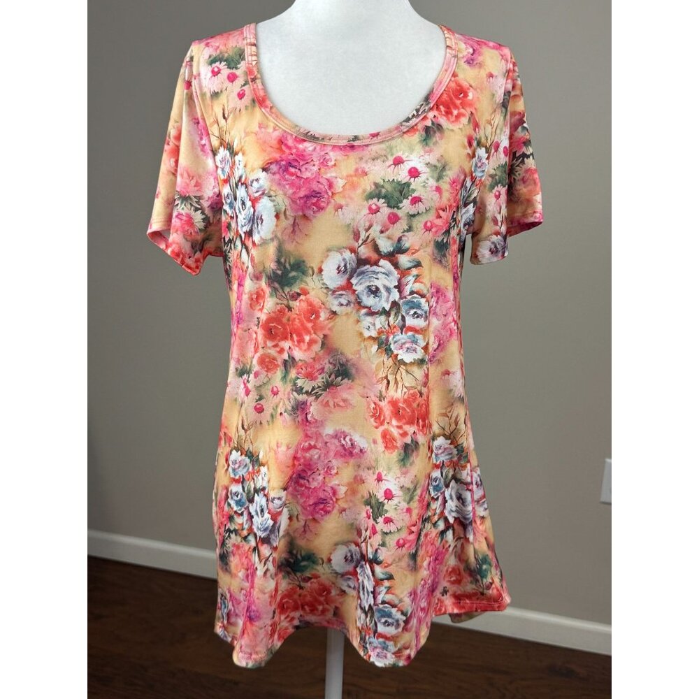 NEW LuLaRoe Womens Knit Tunic Top S Short Sleeve White Pink Floral Scoop Neck